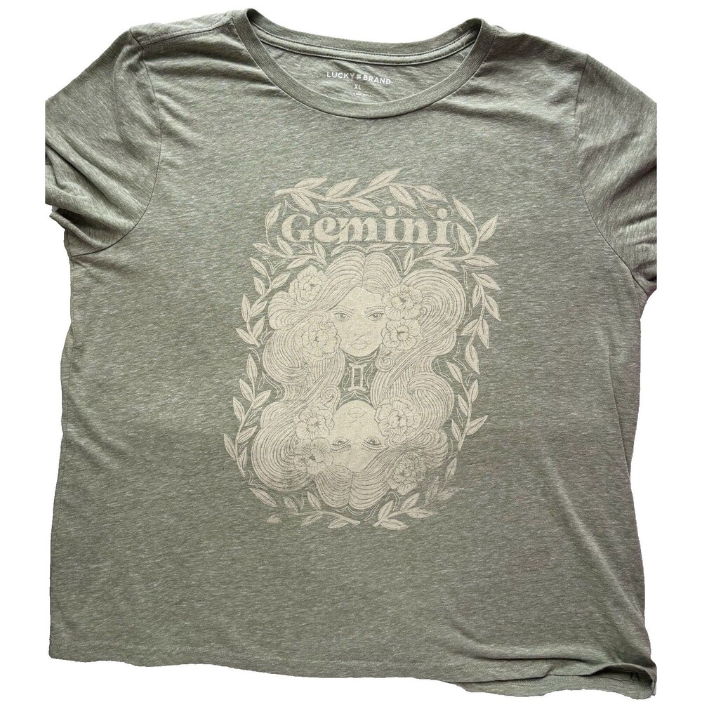 Lucky Brand Gemini Shirt Women's Size XL Green Beige Zodiac Celestial Design